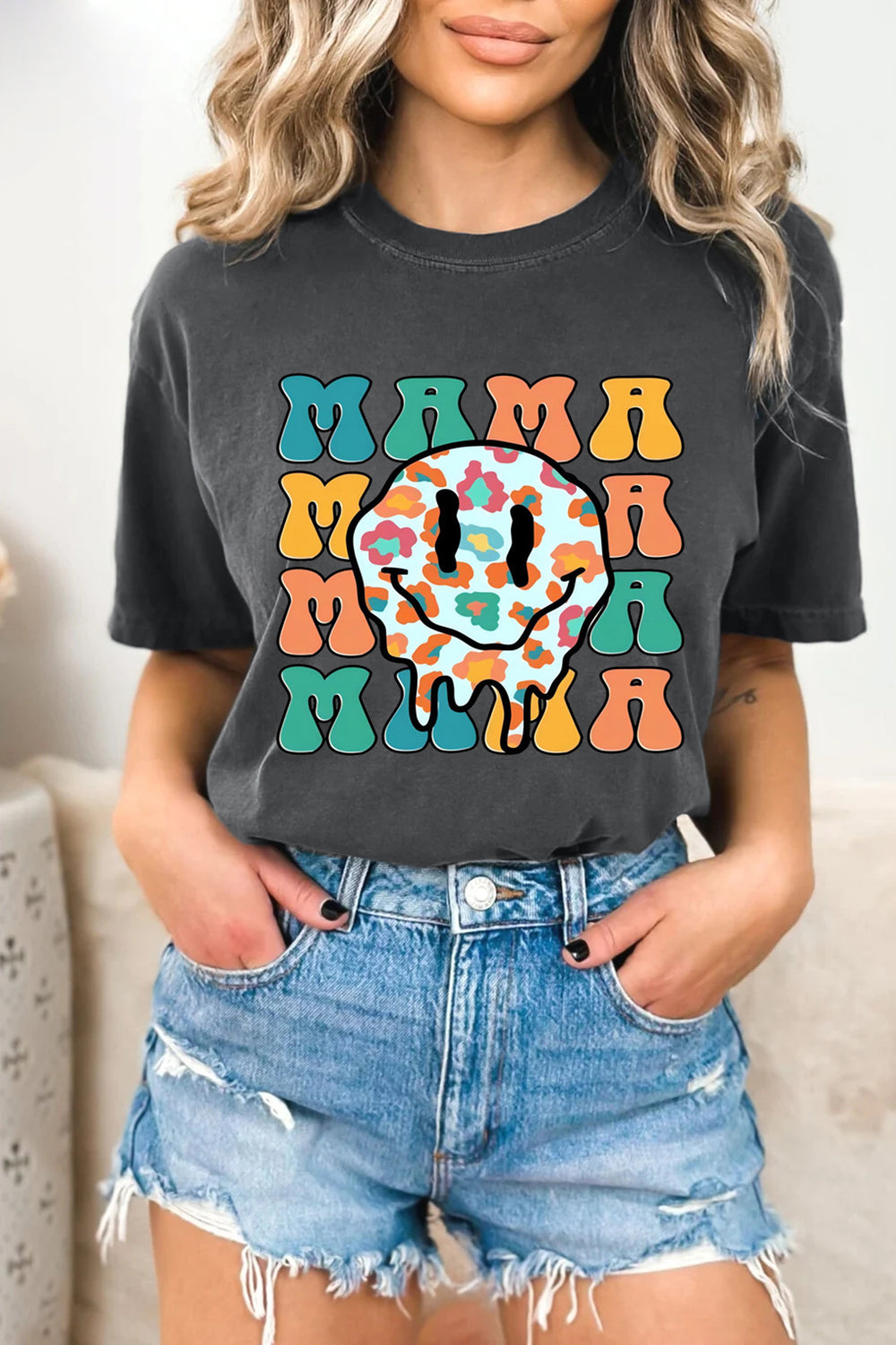 Boho Mama Smiley Face Tee For Women