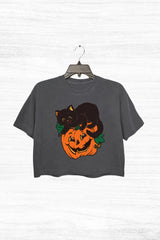 Black Cat Pumpkin  Halloween Crop Top For Women