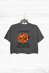A Witch Her Dog And Her Broom Crop Top For Women