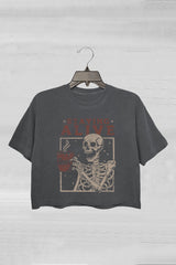 Staying Alive Trendy Coffee Skeleton Crop Tee For Women