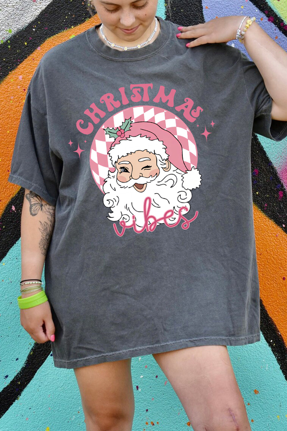 Pink Christmas Santa Vibes Tee For Women