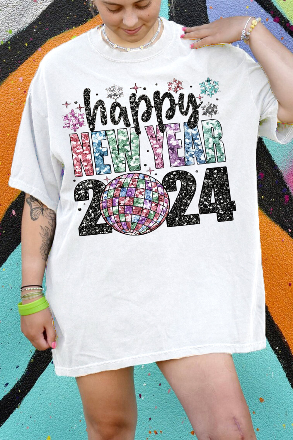 Happy New Year Glitter Sequins Printed New Year 2024 Tee For Women