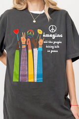 Retro Hippie Imagine All The People Living Life In Peace Tee For Women