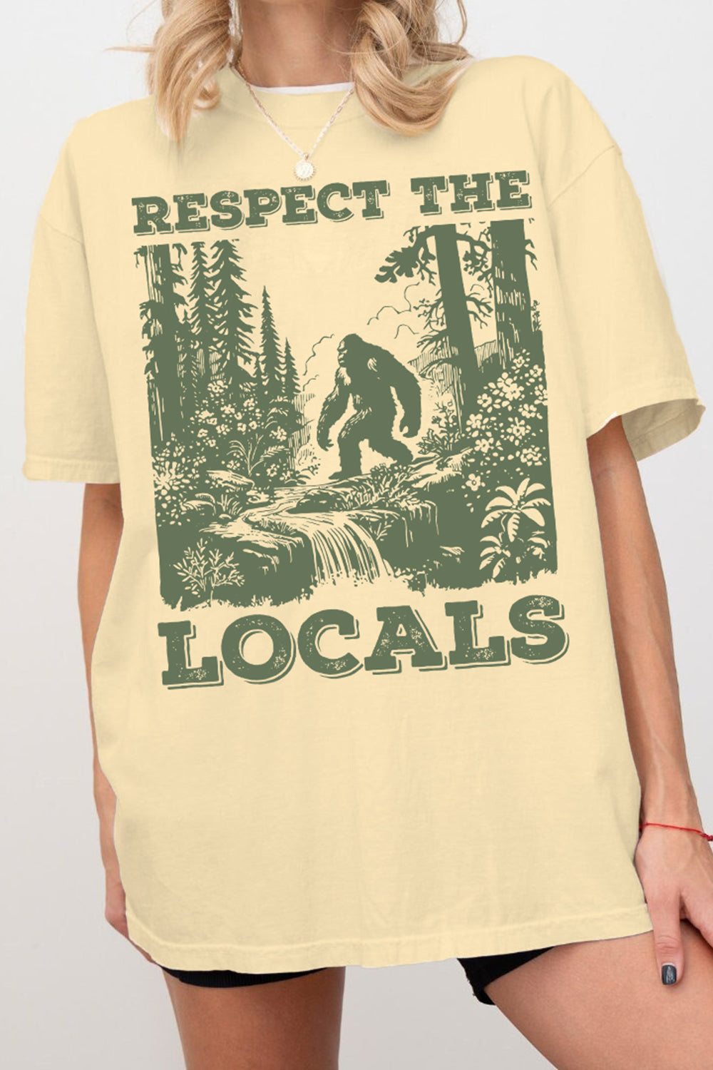 Respect The Locals Big Foot Sasquatch Yeti Walking In The Forest Vintage Tee For Women
