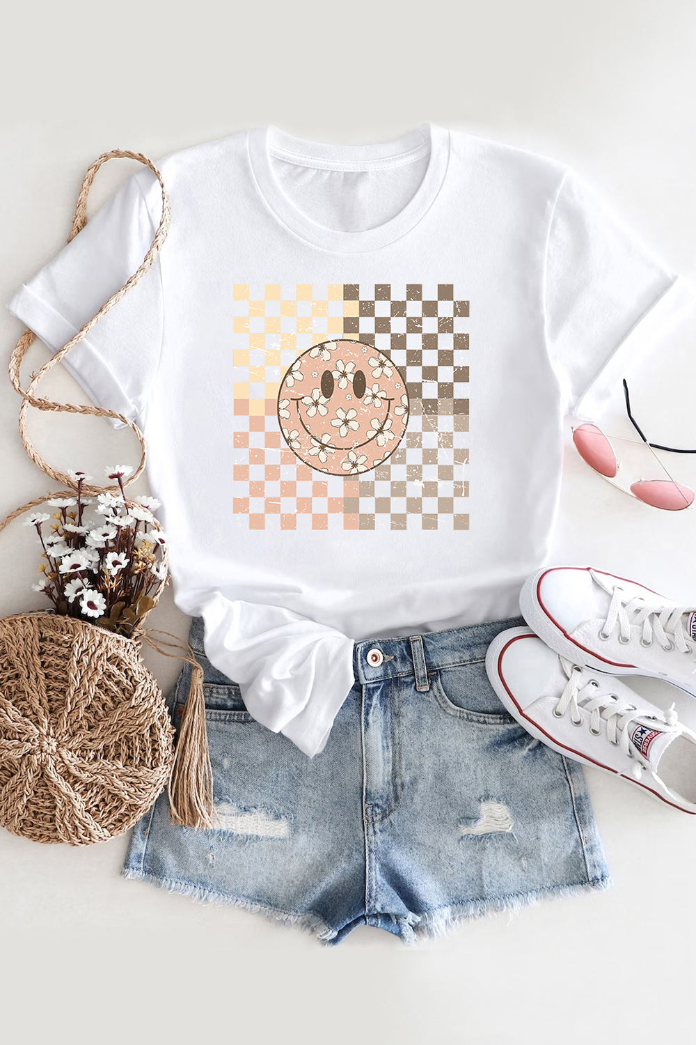 Floral Smiley Face Checkerboard Pattern T-shirt For Women
