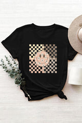Floral Smiley Face Checkerboard Pattern T-shirt For Women